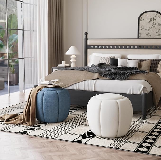 Storage Ottoman, Round Ottoman with Storage, Upholstered Soft Vanity Stool for Living Room, Foot Stool Ottoman for Bedroom, Entryway (Beige)