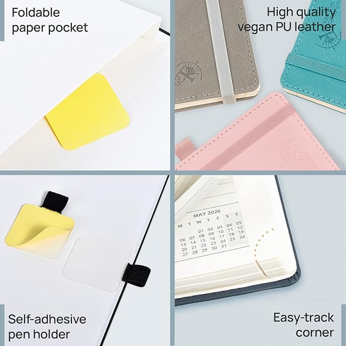 POPRUN Pocket Monthly Planner 2026-2027 (Pocket- 4''x 6.25'' Soft Leather Cover) - 18 Month Calendar Book for Purse (Jan.2026 - Jun. 2027), 100 GSM Thick Paper - Blue