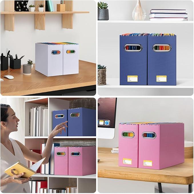 BALEINE File Organizer Box, Cardboard File Folder Organizer with Handle for Letter Size, Portable Collapsible Hanging Filing Box for Home Office Document Storage (4 Pack, Navy)