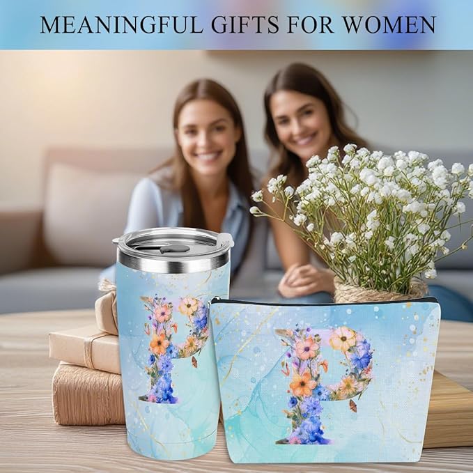 Personalized Gifts Monogrammed Birthday Gifts for Women, Mommy, Female Going Away Christmas, Initial 20 oz Tumbler, Makeup Cosmetic Bag Cup Pens Journal Notebook 6 Set, (Aesthetic Blue Flower P)
