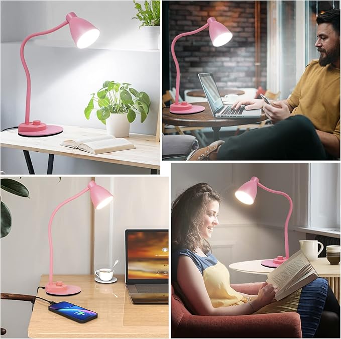 BOHON Cute Desk Lamp with USB Charging Port, Pink Lamp 3 Color Modes Dimmable LED Reading Lamp, Flexible Gooseneck Auto Dimming Table Task Light for Home Office Dorm Bedside, Pink