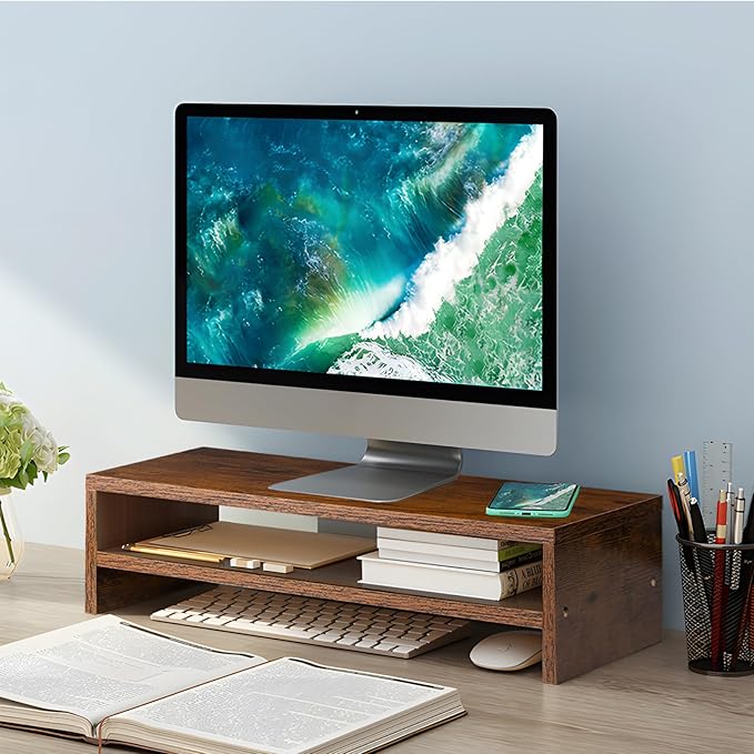 Monitor Stand Riser, 2 Tier Computer Stand, Desk Organizers and Accessories, Desktop Shelf with Storage for TV Screen PC Printer (Rust Brown-18.9inch)