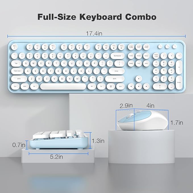 Wireless Keyboard and Mouse, Typewriter Full Size Keyboard with Number Pad and 2 in 1 USB Connected Mouse for Mac, Windows 7/8/10, Laptop, Desktop, PC, Computer (Blue-White)