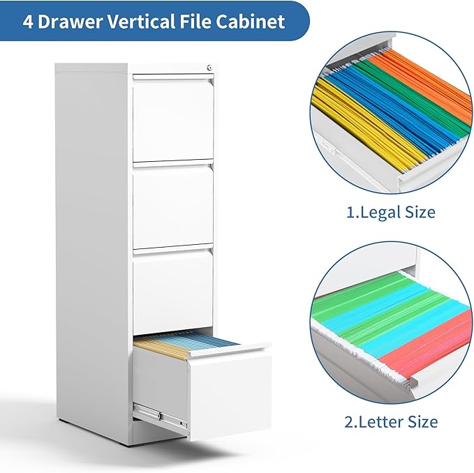 4 Drawer File Cabinet with Lock,Metal Vertical Filing Cabinets for Home Office,Heavy Duty File Storage Cabinet for Letter/Legal/A4/F4 Size File,Assembly Require (White, Vertical 4 Drawer)