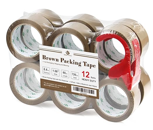 BOMEI PACK Brown Packing Tape Refills, Heavy Duty 12Rolls with 1 Dispenser for Packaging, Shipping and Moving, 2.4Mil 1.88 Inch x 60 Yard