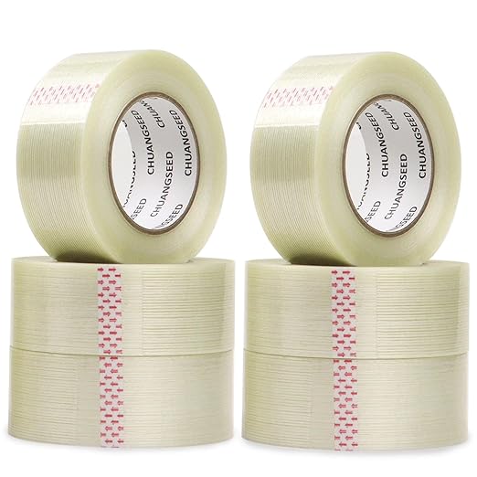 CHUANGSEED 6-Pack Mono Filament Strapping Tape 6.2mil x 2Inch x 60yds Commodity Grade Heavy Duty Transparent Reinforced Fiberglass Tape