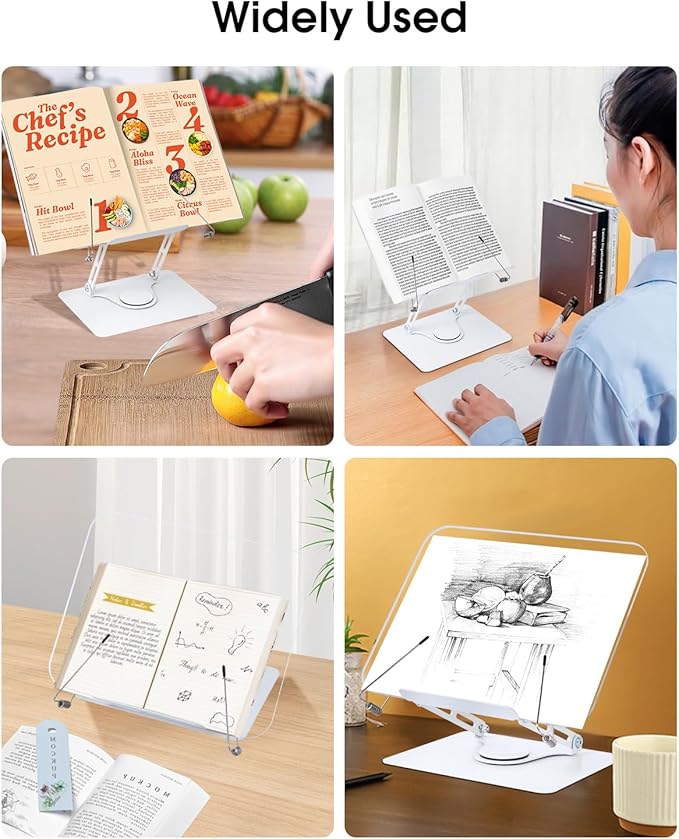 Honagu Book Stand for Reading, Adjustable Book Holder with 360 Degree Rotating Base & Page Clips, Hands Free Foldable Desktop Cookbook Stand for Sheet Music, Laptop, Recipe, Textbook (Acrylic)