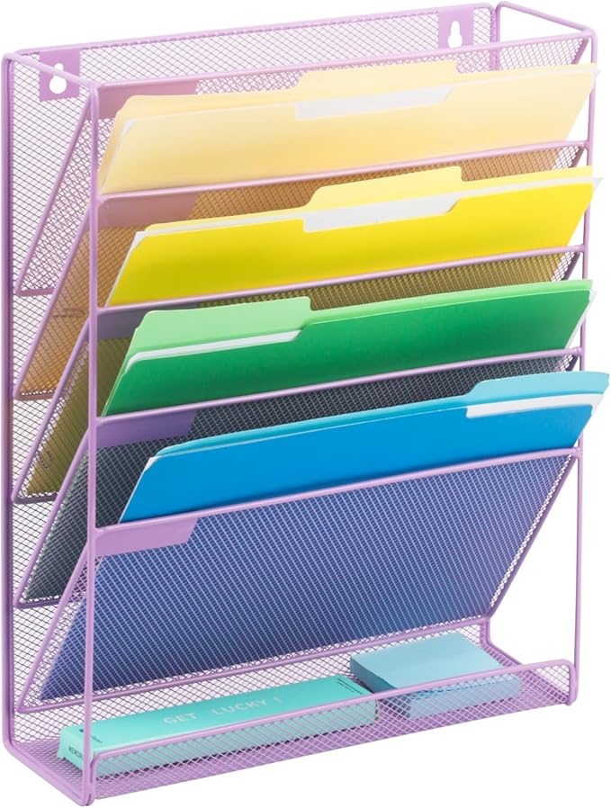 EASEPRES Desk File Organizer Mesh 6 Tier, Hanging Wall Mount Document Organization Stand, Desktop Vertical Mail Paper Folder Holder Rack with Bottom Tray for Office Home Cubicle, Light Purple