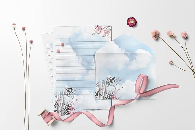 Better Office Products Mini Stationery Set of 100, Japanese Stationery Paper (50 Lined Sheets + 50 Matching Envelopes), 5.5 x 8.25 inch, 9 Designs, Double Sided Printing, One Side Lined Paper,