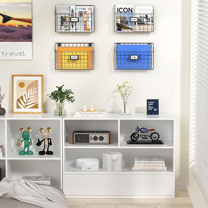 X-cosrack 4-Tier Hanging Wall File Holder Vertical Wall Mount Metal Wall File Organizer with Tag Slot Document Magazine Rack Mail Organizer for Office Home, Black