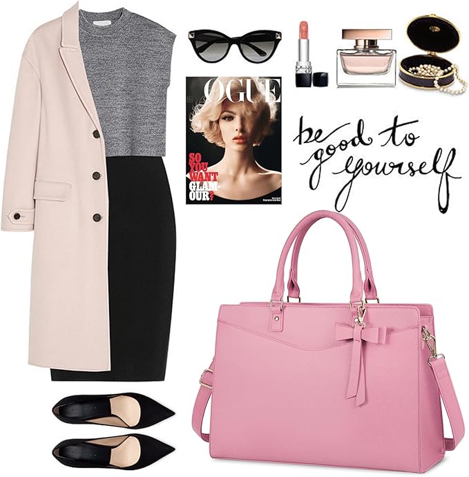 RAINSMORE Laptop Bag for Women 15.6 Inch PU Tote Bag Business Office Work Bag Waterproof Briefcase Computer Tote Lightweight Handbag Shoulder, Pink