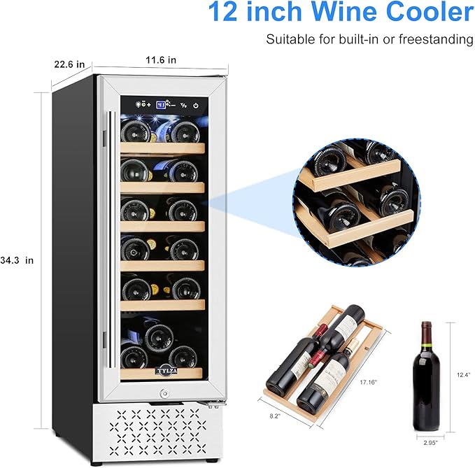Tylza 12" Wine Cooler Refrigerator, 18 Bottle Wine Fridge Built-in or Freestanding with Stainless Steel & Double-Layer Tempered Glass Door, Compressor Fast Cooling, Low Noise and No Fog, Mini Fridge