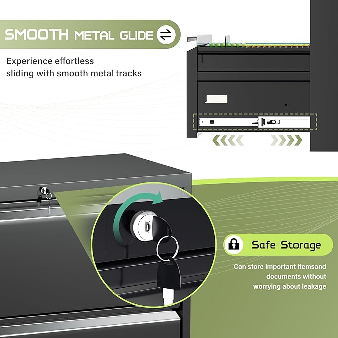 Incbruce Lateral File Cabinet with Lock, 28" W 2 Drawer Filing cabinets for Home Office Home, Office, Fit A4/F4/Letter/Legal File, Under Desk Filing Cabinet (Black)