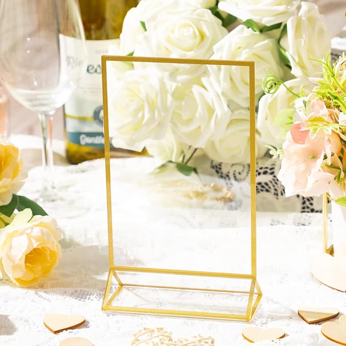 24 Pack Gold Picture Frames 5 x 7 Inch Clear Acrylic Sign Holders Double Sided Display Frames Bulk with Stand 2 mm Gold Border for Table Numbers Wedding Party (Vertical)