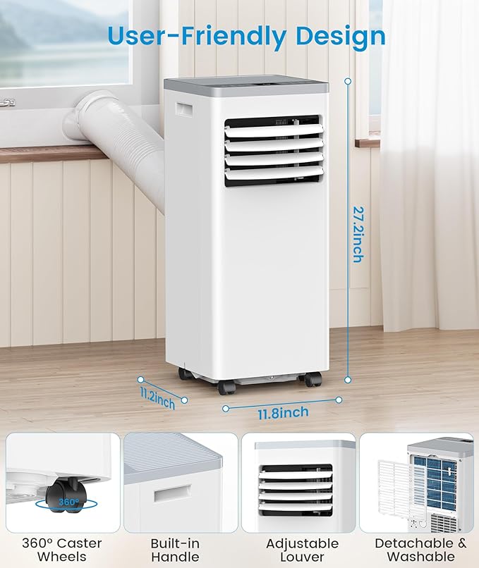 Portable Air Conditioner 10000 BTU Cools Up to 450 Sq. Ft., 3-in-1 Modes Portable AC Unit Remote Control, LED Display, Auto Shutoff, AC with Window Kits for Bedroom, Home, Office, White
