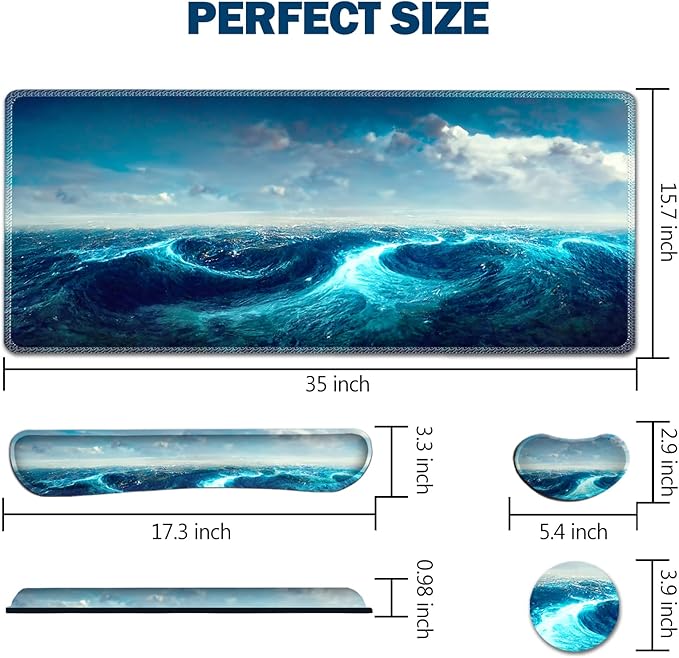 AIMSA Keyboard Mouse Pad Wrist Rest, Extended Gaming Mouse Pad +Wrist Support, Ergonomic Memory Foam,XXL Large Mousepad Easy Typing Pain Relief, 4Pcs (35×15.7 in) Desk Mat,Big Sea Waves