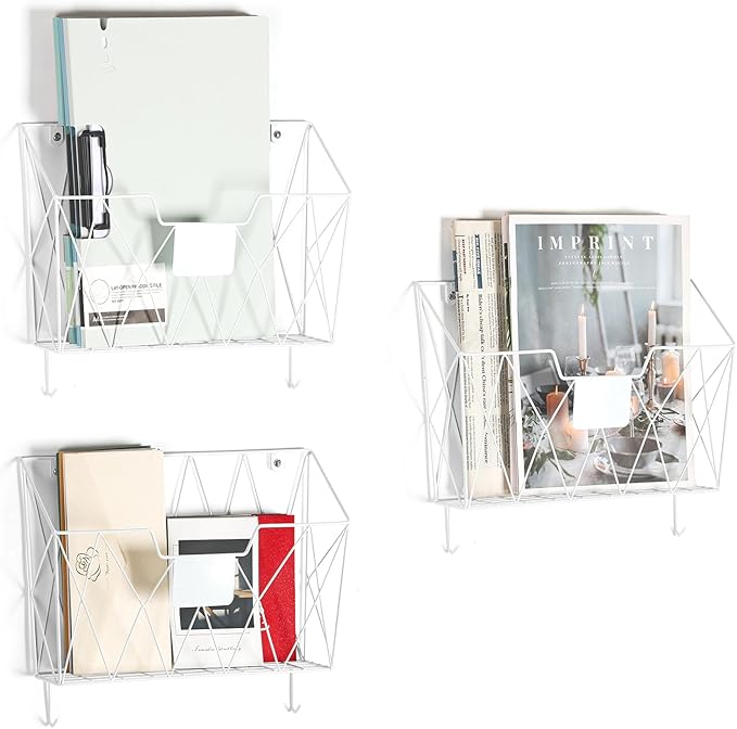 Wall File Holder 6 Pockets Hanging Wall File Organizer, for Papers, Files Clipboard & Magazine Organizer, Wall Mount File Holder Rack for Office Home, White