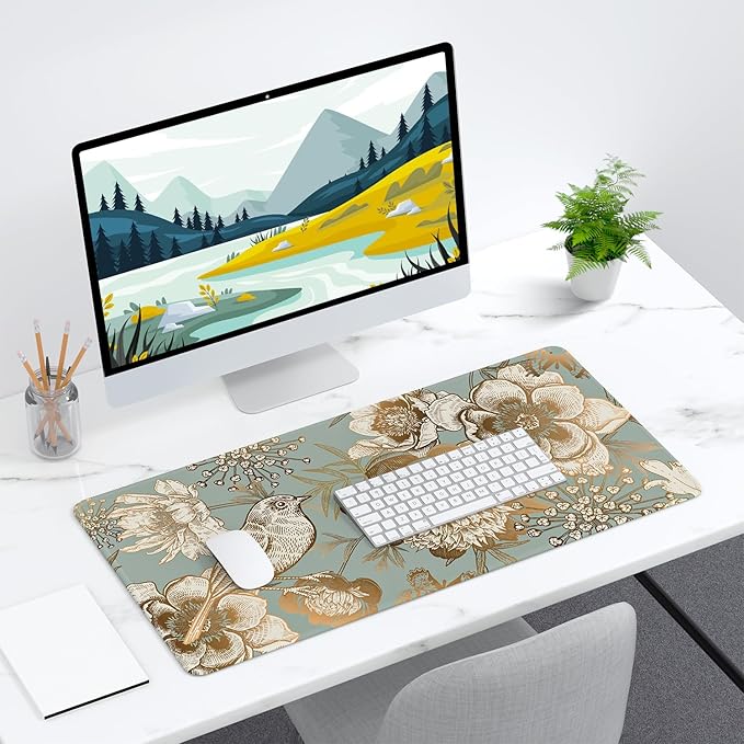 Desk Mat, 32" x 16" XXL Extended Large Gaming Mouse Pad, Desktop Decor Desk Pad, Cute Men Women Office Supplies and Accessories, XL Mouse Mat for Laptop & Keyboard, Retro Flower and Bird