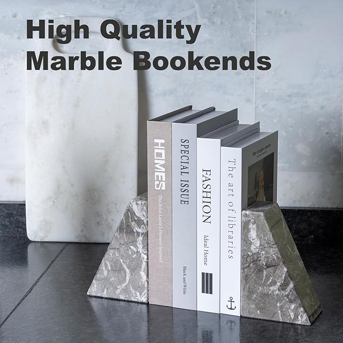 Marble Bookends for Heavy Books, Decorative Bookends for Shelves, Durable and Heavy-Duty Book End for Hardback Book & CDS, Unique Book Stopper & Holder, Gris Lido, Set of 2