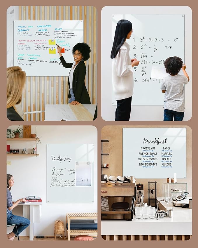 Magnetic Glass Whiteboard,60"x48" Wall Mounted Frameless Dry Erase Board for Office, Home & School White