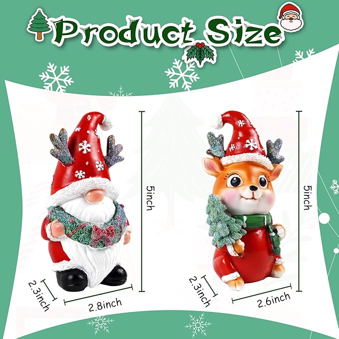 Christmas Gnome Figurines 2 PCS Resin Reindeer Decoration Indoor Collectible Statue Cute Holiday Ornament for Table Home
