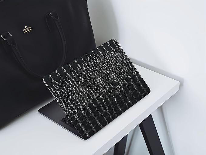 KEROM Compatible with MacBook Pro 14 Inch Case 2025-2021 M5 M4 M3 M2 M1 Chip A3434 A3112 A3185 A3401 A2918 A2992 A2779 A2442, Textured Aligator Skin PU Leather Hardshell & Keyboard Cover, Shiny Black