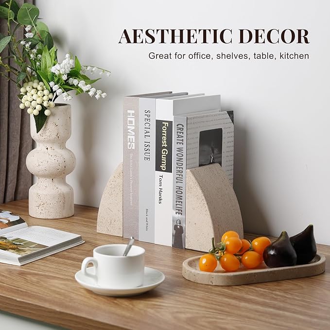 Koville Marble Bookends for Shelves, Large Bookends for Heavy Books, Non-Slip Heavy Duty Book Stopper for CD/Movies, Aesthetic Decorative Bookends for Shelves Table Home Decor(Brown)