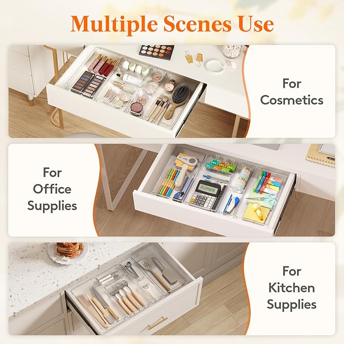 Lifewit 8 Pcs Large Bathroom Drawer Organizers, 3 Sizes Clear Plastic Storage Organizer Trays for Make Up, Kitchen Utensils, Vanity Accessories in Bathroom/Office/Dresser Organization