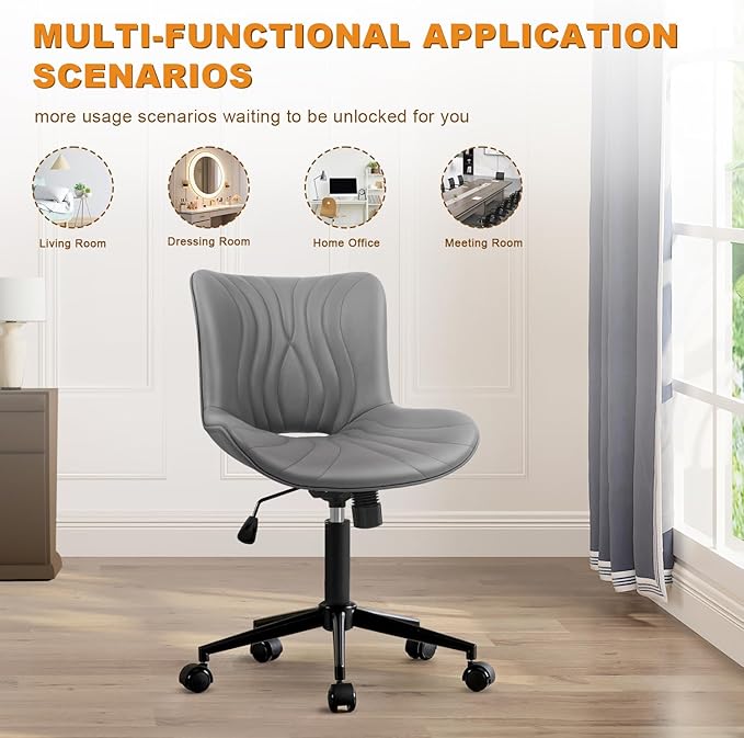 Office Chair, Armless Desk Chair with Wheels, Ergonomic Comfy Home Office Computer Task Chairs, Faux Leather Padded Cute Vanity Chair, Adjustable Height Swivel Chair with Back,Gray
