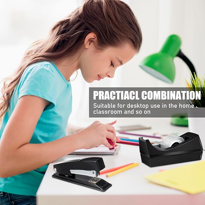 Thenshop 6 Pcs Desk Staplers Tape Dispensers Sets Black Staplers for Desktop Office with Standard Staples Black Holder with White Tape for Office School