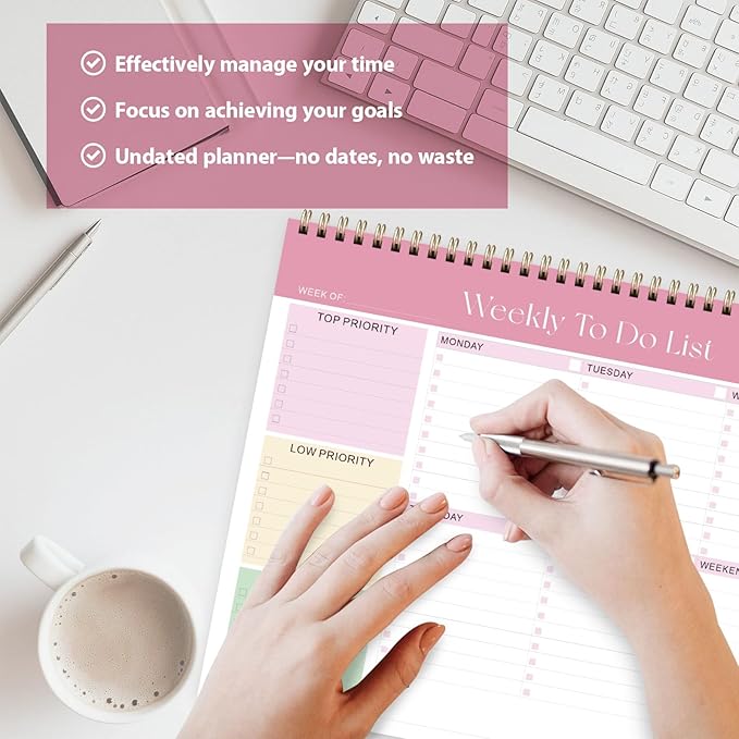 Weekly To Do List Notepad, Undated Planner with 52 Sheets (8.5''x11''), Desk Weekly Planner for Women & Man, Home School & Work (Pink)