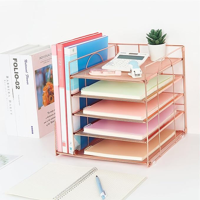 Desk Organizers and Accessories, 5-Tier Paper Letter Tray Organizer with File Holder, Desktop Organizer for Office Supplies, Office Desk Accessories & Workspace (Rose Gold)