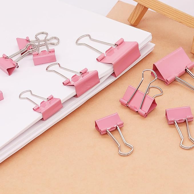 Pink Binder Clips Paper Clamps, Assorted Sizes Set (Small, Medium, Large) for Office School and Home Supplies