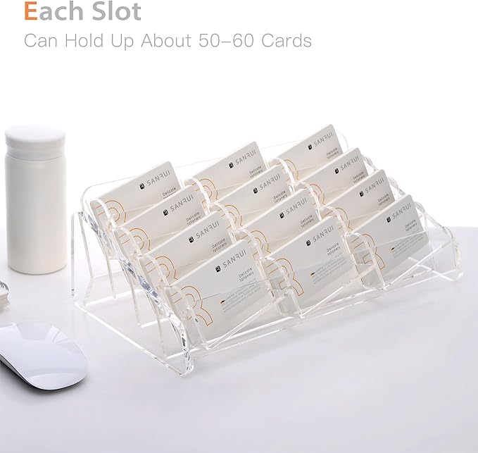 SANRUI Acrylic Business Card Holder for Desk, 4 Tier Clear Tilt Business Name Card Display Holders Stand Storage Organizer Fits720 Business Cards (Horizontal, 12-Slot)
