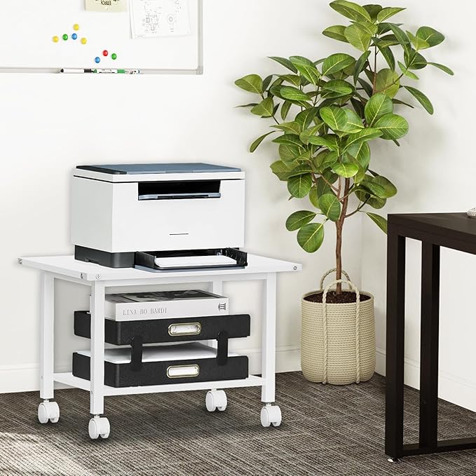 Lerliuo Under Desk Printer Stand, 2-Tier Industrial Mobile Printer Table with Storage Shelf and Steel Frame, Rolling Printer Cart Holder with Lockable Wheels for Home, Office (White)