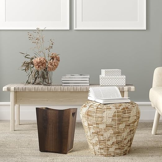 SEHERTIWY Wood Trash Can, Farmhouse Wastebasket Bin for Bathroom, Office, Bedroom, Living Room, Small Square Rustic Garbage Container (Wood-Brown)