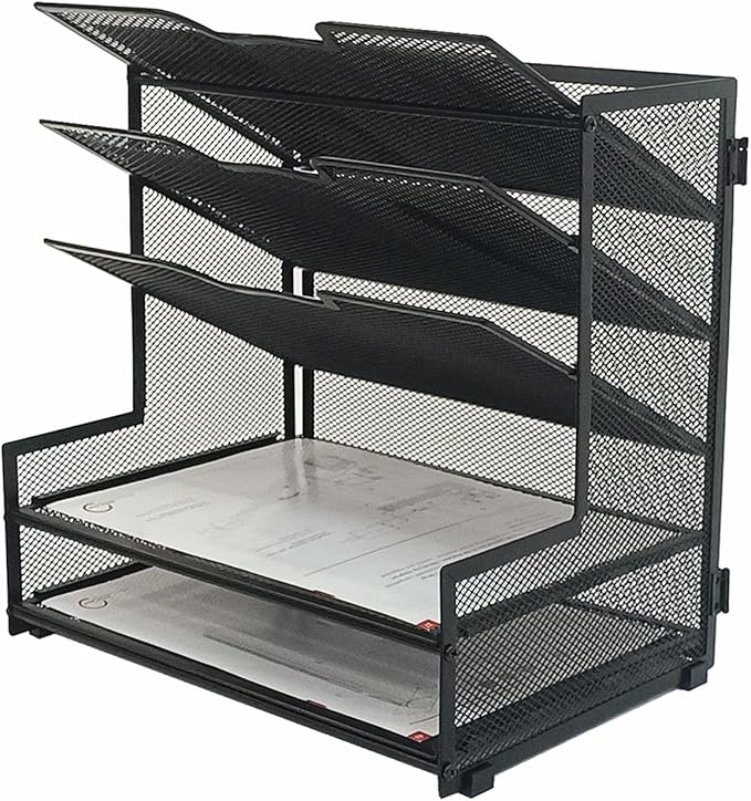 5 Tier Metal Mesh Desk Organizer, Office Desktop File Organizer, Paper Tray Organizer for Home Office Furniture, Black