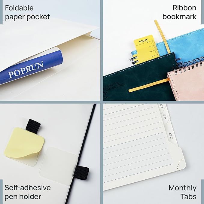 POPRUN Weekly Planner 2026 (Medium 6.5" x 8.5") Calendar 12 Months Notebook with Horizontal Layout, Leather Soft Cover, Monthly Tabs, Inner Pocket, 100GSM Thick Paper, Pen Holder - Black