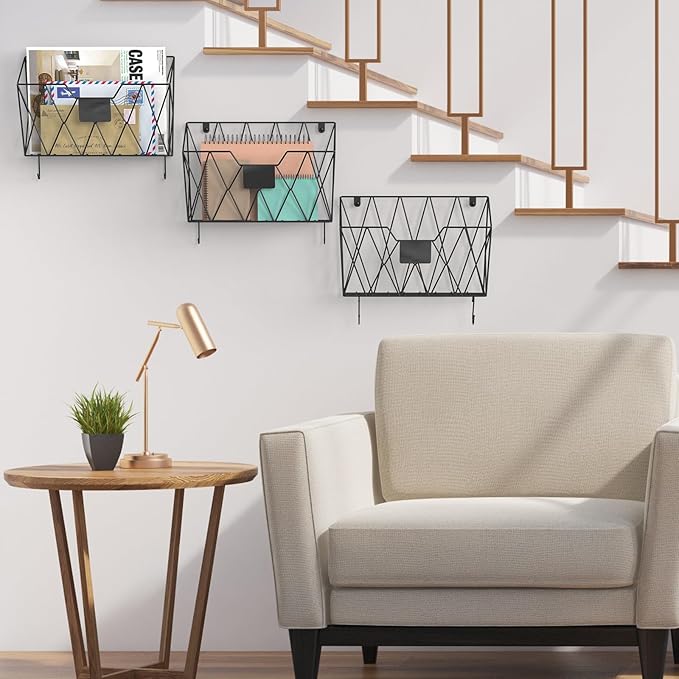 YBING Wall File Organizer Mesh Hanging Wall-mount Files Holder 6 Pack Hanging Wire Magazine Rack and Mail Holder with Hooks Office Wall Organizer for Papers Folders Files Clipboard Black