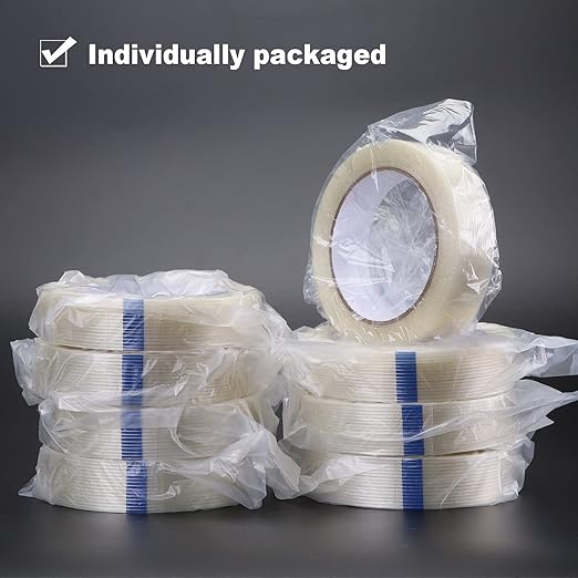 8-Pack Filament Strapping Tape 6.3mil x 1inch x 27yds Commodity Grade Heavy Duty Transparent Reinforced Fiberglass Tape, Thickened and Super Sticky
