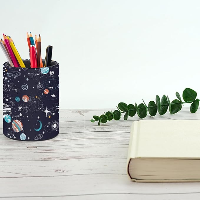 Galaxy Space Planets Pen Holder Pencil Organizer Cute Pencil Cup Desk Decor Makeup Brush Holder PU Multifunctional Office Suppliesfor Home Classroom School
