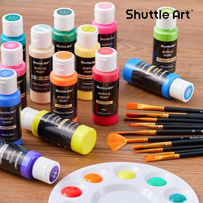Shuttle Art 100 Colors Acrylic Paint, 2oz/60ml Bottles, Include 2 Sets of 12 Paint Brushes, 1 Art Sponge & Palette, Premium for Artists, Beginners & Kids on Canvas Rocks Wood Ceramic