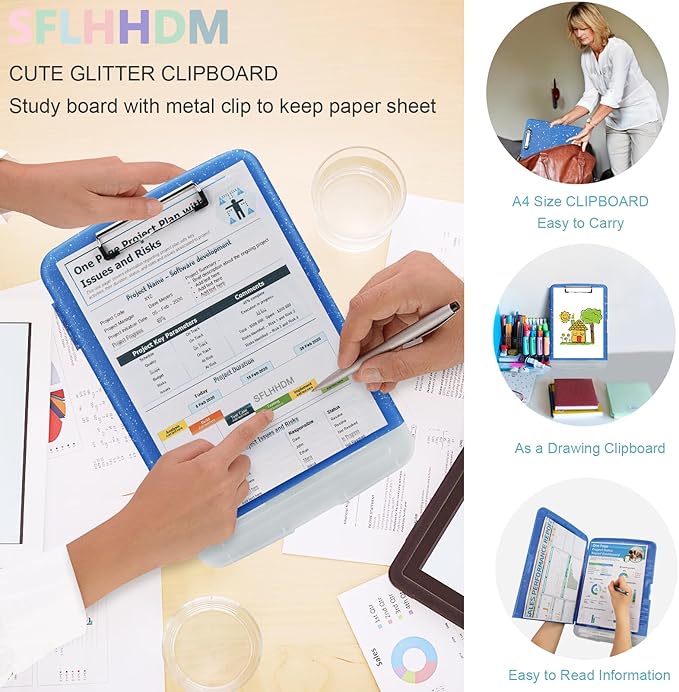 Glitter Clipboard with Storage,Storage Clipboard with Pen Holder,A4 Binder Clip Boards 8.5x11 with Low Profile Clip,Side Opening Sparkle Clipboards, Clipboards Folder for Office Supplies-Starsky Blue