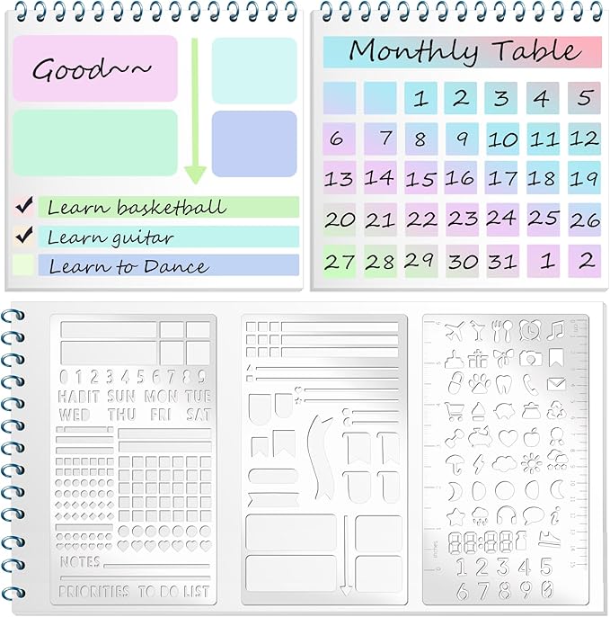 3 Pieces Metal Planner Stencil Dot Journal Engraving Stencils Rustproof Multi Pattern Line Designs Metal Stencils for Journaling, Behavior Tracking, Weekly Spread (Metal3A)