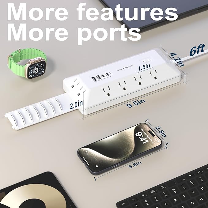 Surge Protector Power Strip with USB Ports, 12 Outlets 2 USB-C 2 USB-A, 6 Ft Flat Plug Extension Cord, Multi Plug Outlet with Phone Holder for Desk, Office, Home, Dorm, UL Certification (White)