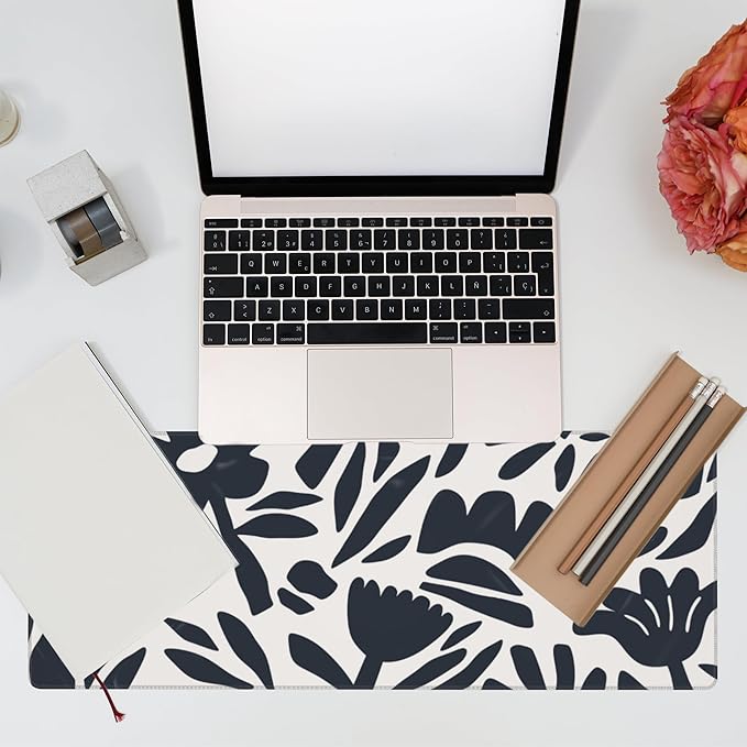 Desk Pad, Hand Drawn Leaves and Flowers Desk Mat, Abstract Plant Large Gaming Mouse Pad with Non-Slip Base and Stitched Edge, 31.5"x11.8"