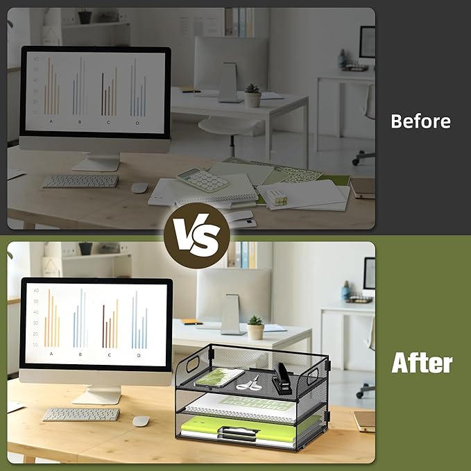 Daltrack 3-Tier Mesh Desk Organizer with Handle - Paper Tray Organizer for A4 Files, Black 2 Pack