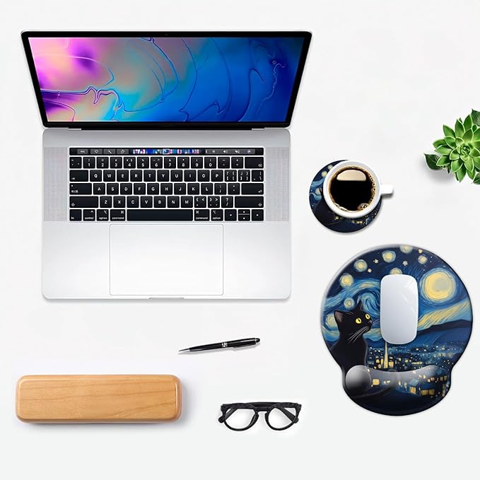 Ergonomic Mouse Pad with Wrist Support,Mouse Pad with Wrist Rest and Coaster Set,Office Supplies Non-Slip Mouse Pads for Desk, Non-Slip Comfortable,Cute Black Cat