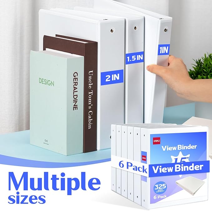 Deli 1.5-inch 3 Ring Binder with 2 Interior Pockets, 325 Sheets Capacity, 1.5 inch Binders fits 11" x 8.5" US Letter Size, White, 6 Pack