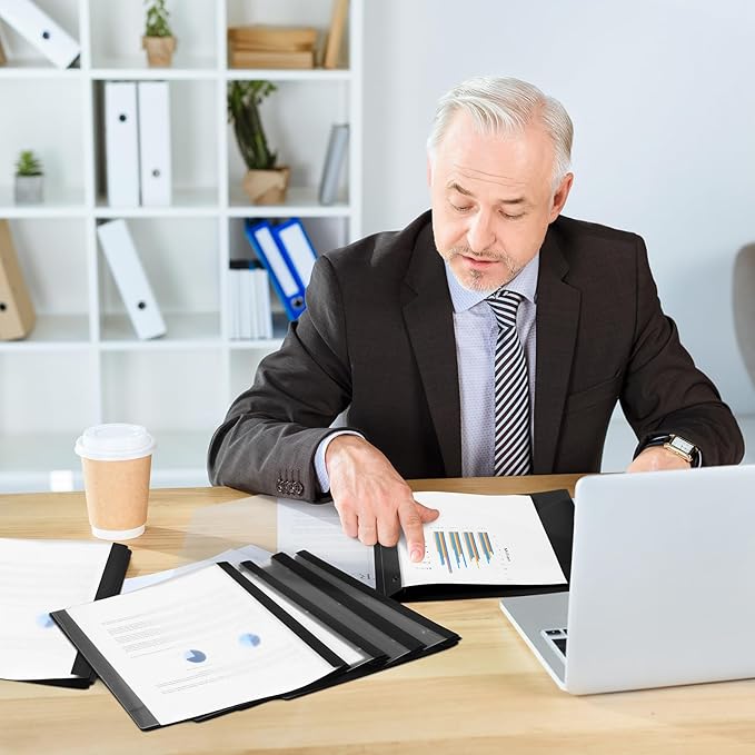 Patelai 48 Pcs Plastic Folders with 2 Pockets and 3 Prongs Home Folders with Card Slot Letter Size Heavy Duty Report Covers for Back to School(Black,Simple Style)